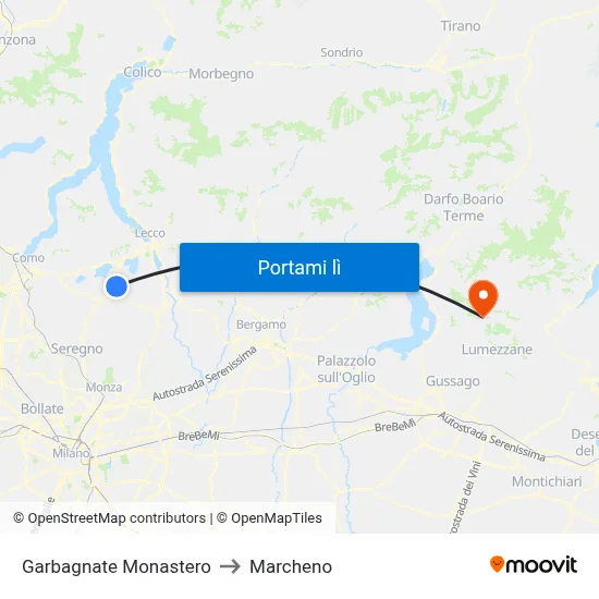 Garbagnate Monastero to Marcheno map