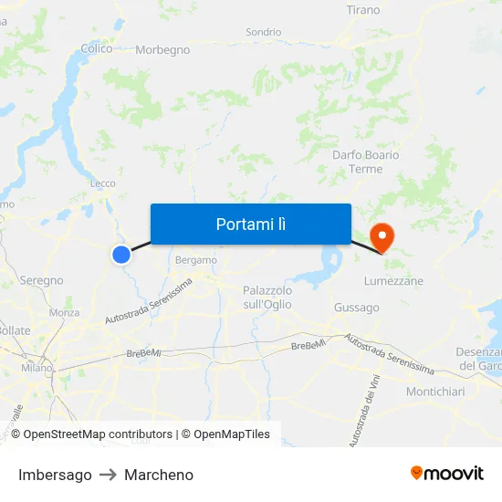 Imbersago to Marcheno map