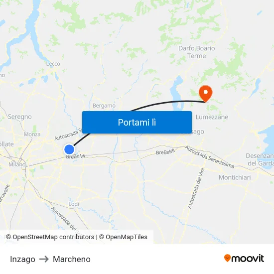 Inzago to Marcheno map