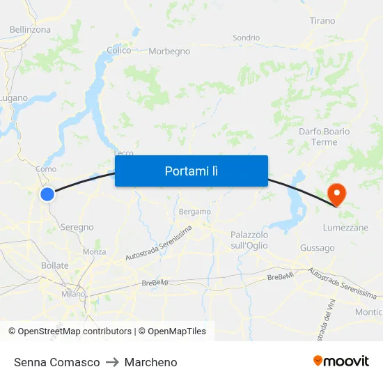 Senna Comasco to Marcheno map