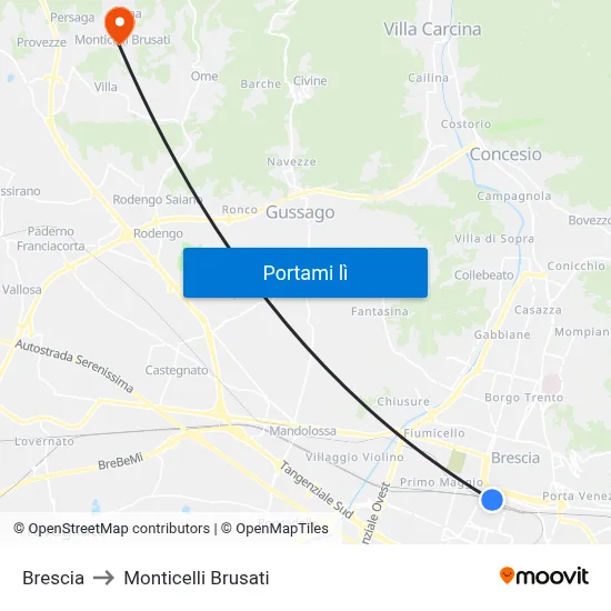 Brescia to Monticelli Brusati map