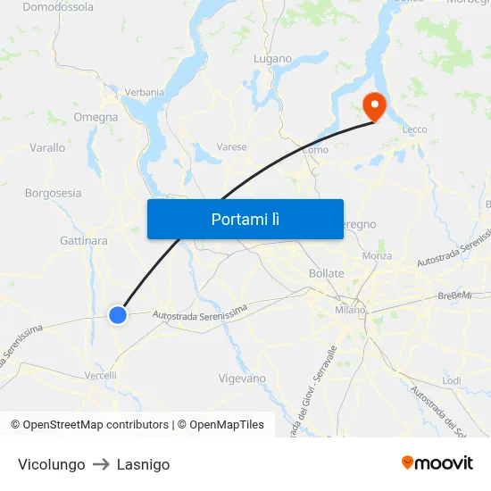 Vicolungo to Lasnigo map
