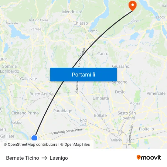 Bernate Ticino to Lasnigo map