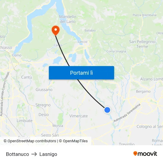 Bottanuco to Lasnigo map