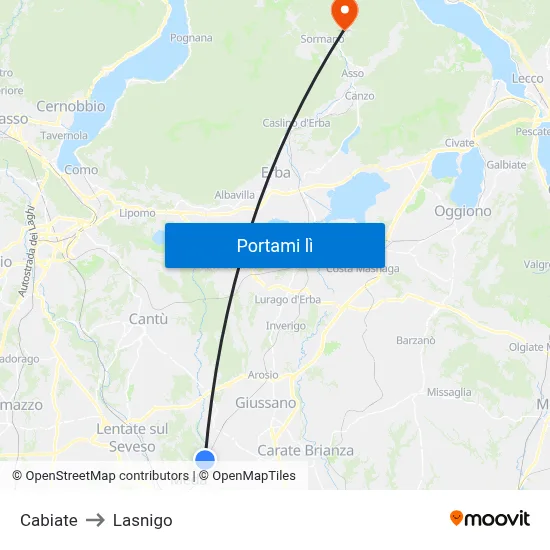 Cabiate to Lasnigo map
