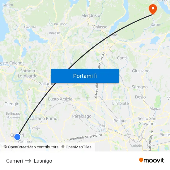Cameri to Lasnigo map