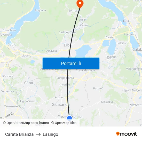 Carate Brianza to Lasnigo map