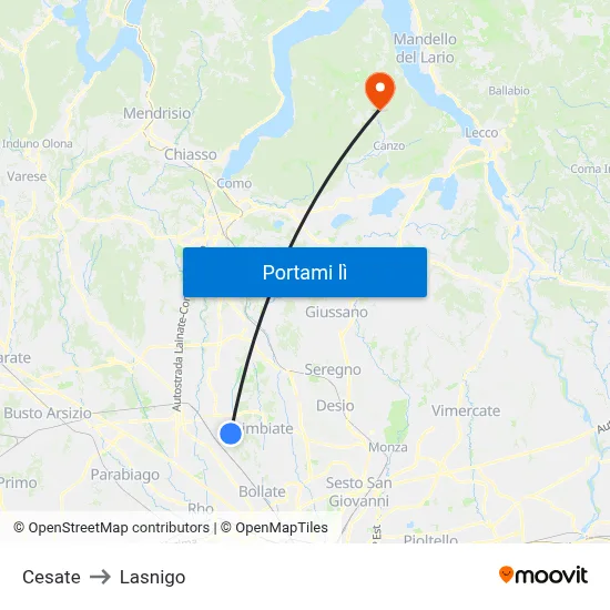 Cesate to Lasnigo map