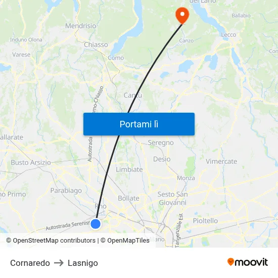 Cornaredo to Lasnigo map