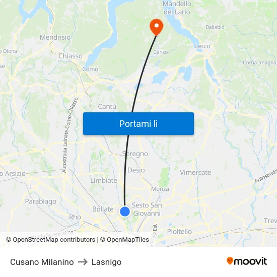 Cusano Milanino to Lasnigo map