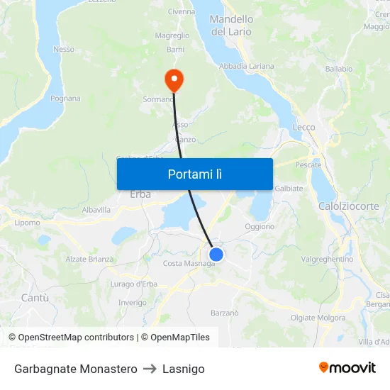 Garbagnate Monastero to Lasnigo map