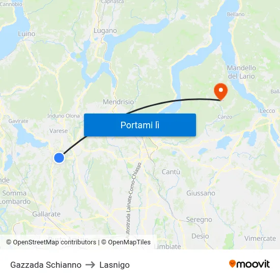 Gazzada Schianno to Lasnigo map