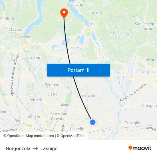 Gorgonzola to Lasnigo map
