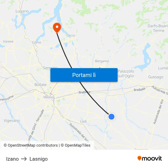 Izano to Lasnigo map