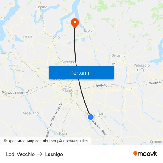 Lodi Vecchio to Lasnigo map