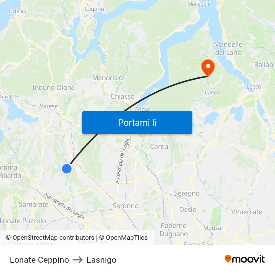 Lonate Ceppino to Lasnigo map