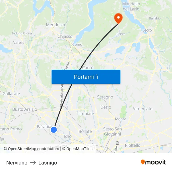 Nerviano to Lasnigo map