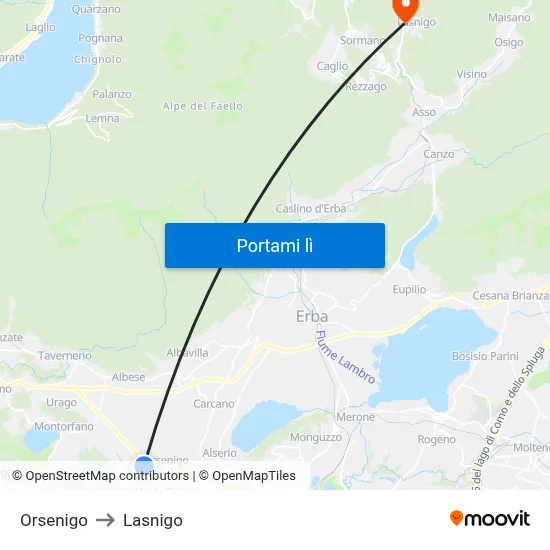 Orsenigo to Lasnigo map