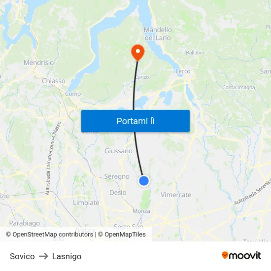 Sovico to Lasnigo map