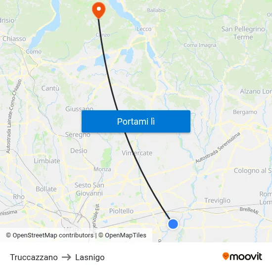 Truccazzano to Lasnigo map