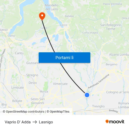 Vaprio D' Adda to Lasnigo map