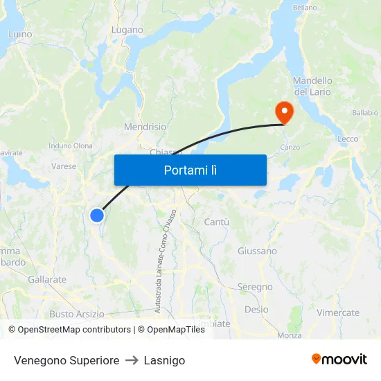 Venegono Superiore to Lasnigo map