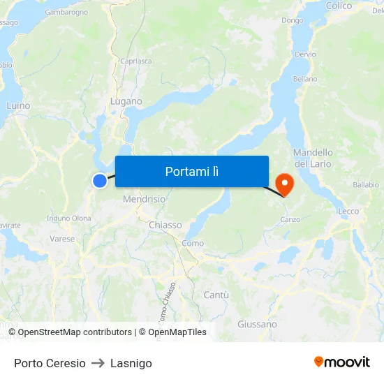 Porto Ceresio to Lasnigo map
