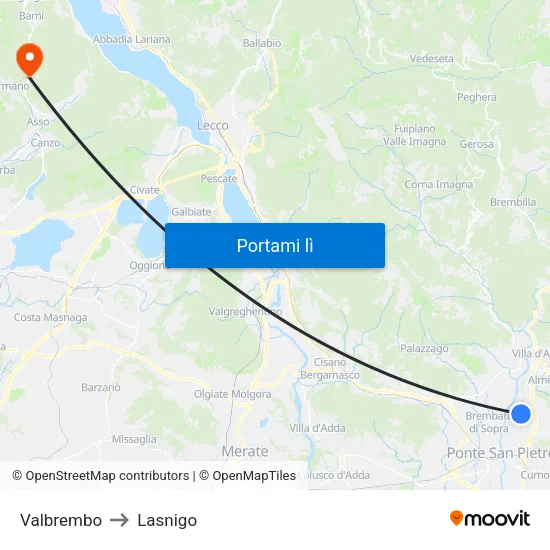 Valbrembo to Lasnigo map
