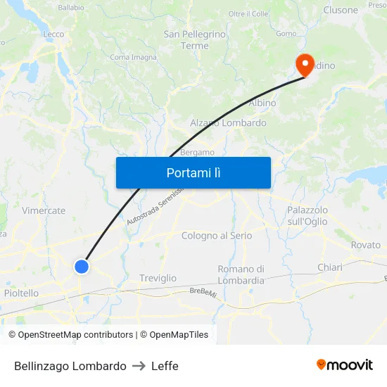 Bellinzago Lombardo to Leffe map