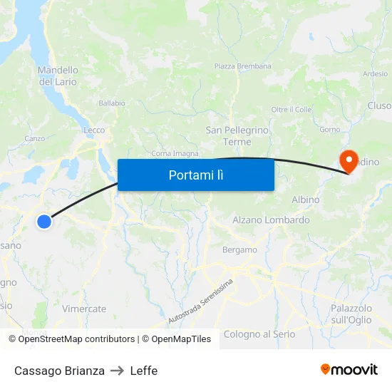 Cassago Brianza to Leffe map