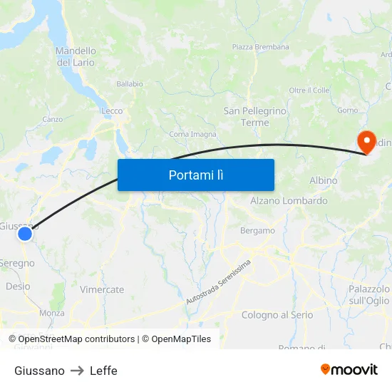 Giussano to Leffe map