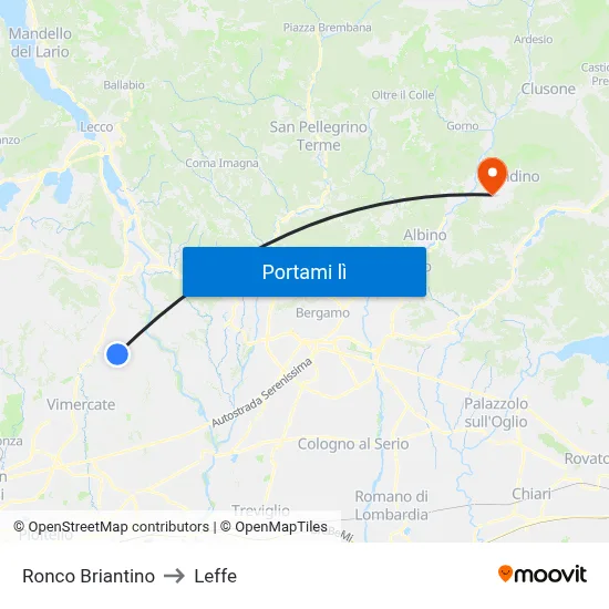 Ronco Briantino to Leffe map