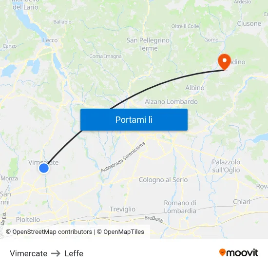 Vimercate to Leffe map