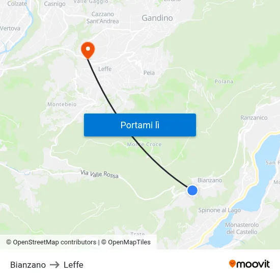 Bianzano to Leffe map