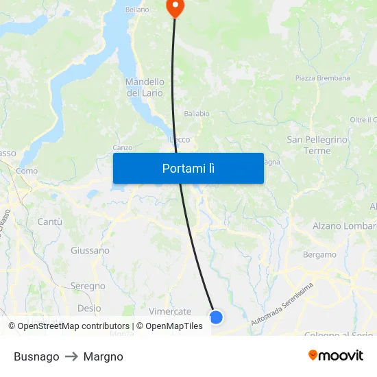 Busnago to Margno map
