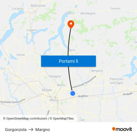 Gorgonzola to Margno map