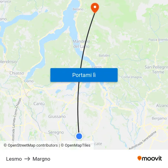 Lesmo to Margno map
