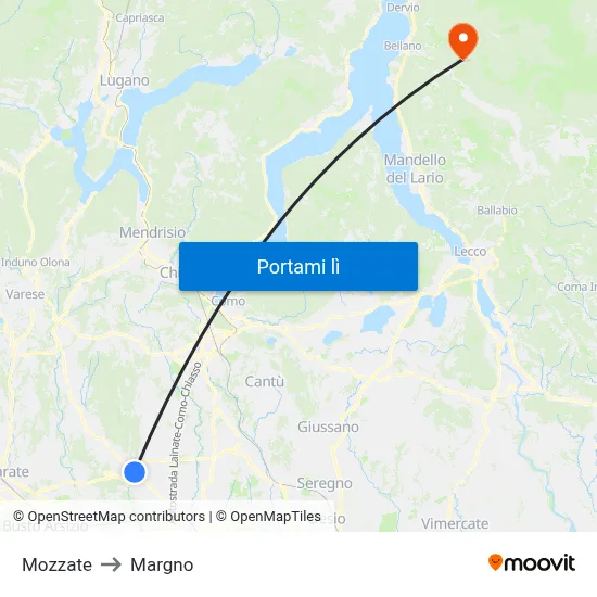 Mozzate to Margno map