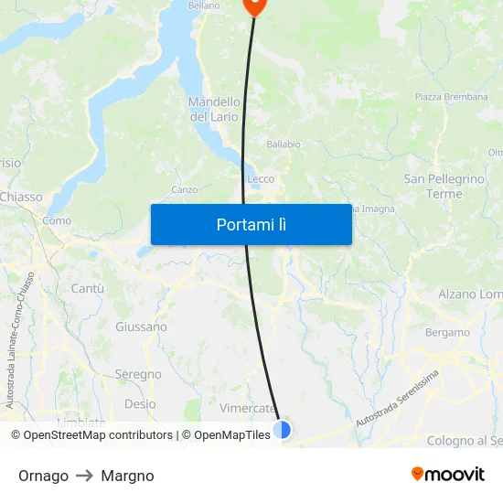 Ornago to Margno map