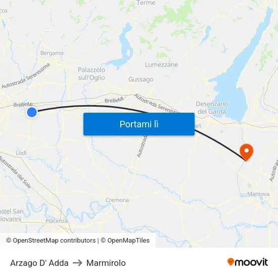 Arzago D' Adda to Marmirolo map