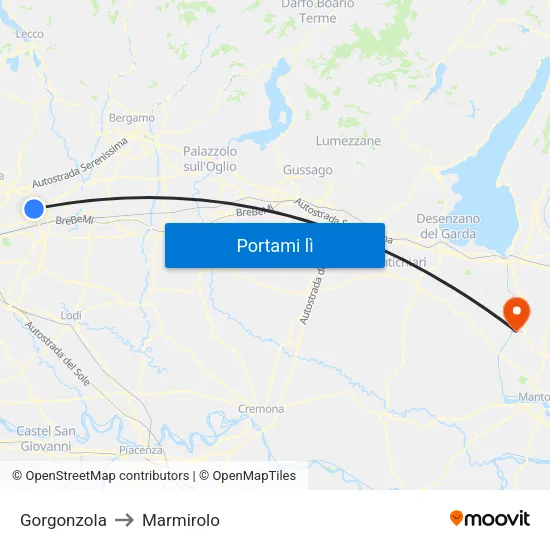 Gorgonzola to Marmirolo map