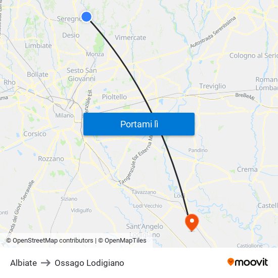 Albiate to Ossago Lodigiano map