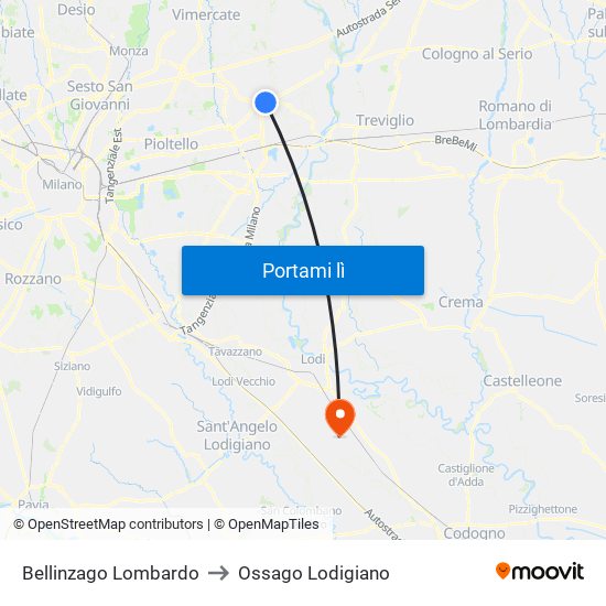 Bellinzago Lombardo to Ossago Lodigiano map