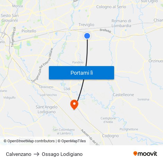 Calvenzano to Ossago Lodigiano map
