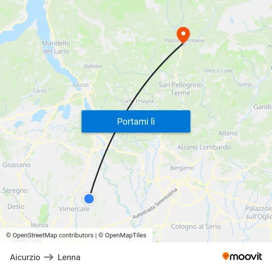 Aicurzio to Lenna map