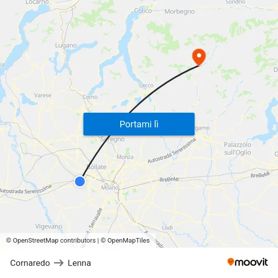 Cornaredo to Lenna map