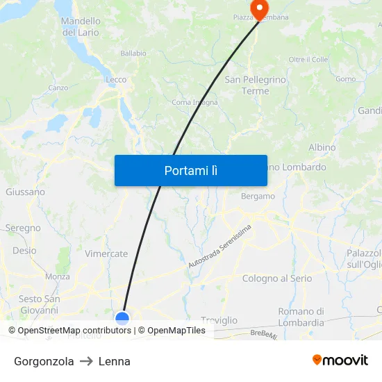 Gorgonzola to Lenna map