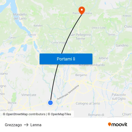 Grezzago to Lenna map