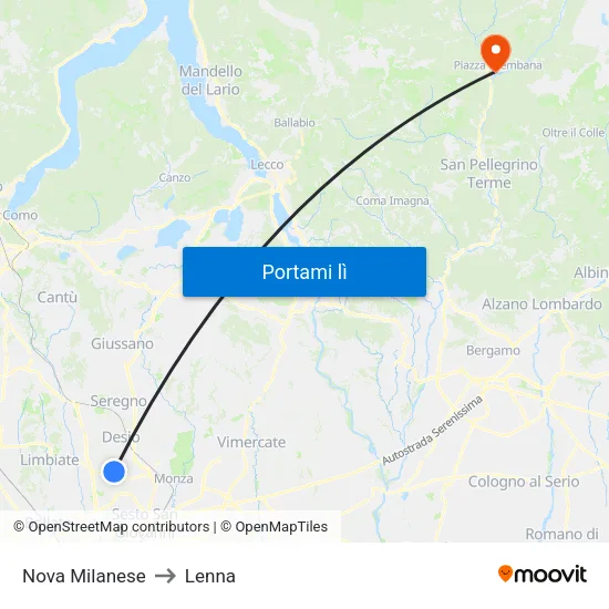 Nova Milanese to Lenna map