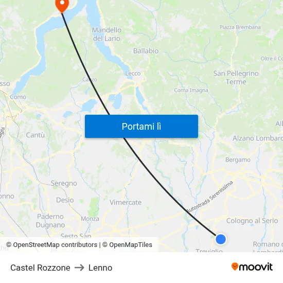Castel Rozzone to Lenno map